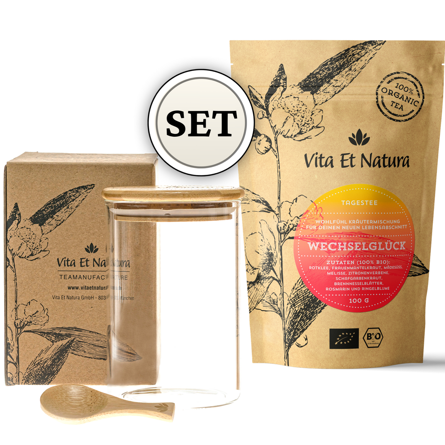 Der beliebte Wechseljahre-Tee für den Tag, hier im Set mit einem hochwertigen Vorratsglas und dazu passenden Dosierlöffeln aus Bambus – liebevoll für Dich gebündelt