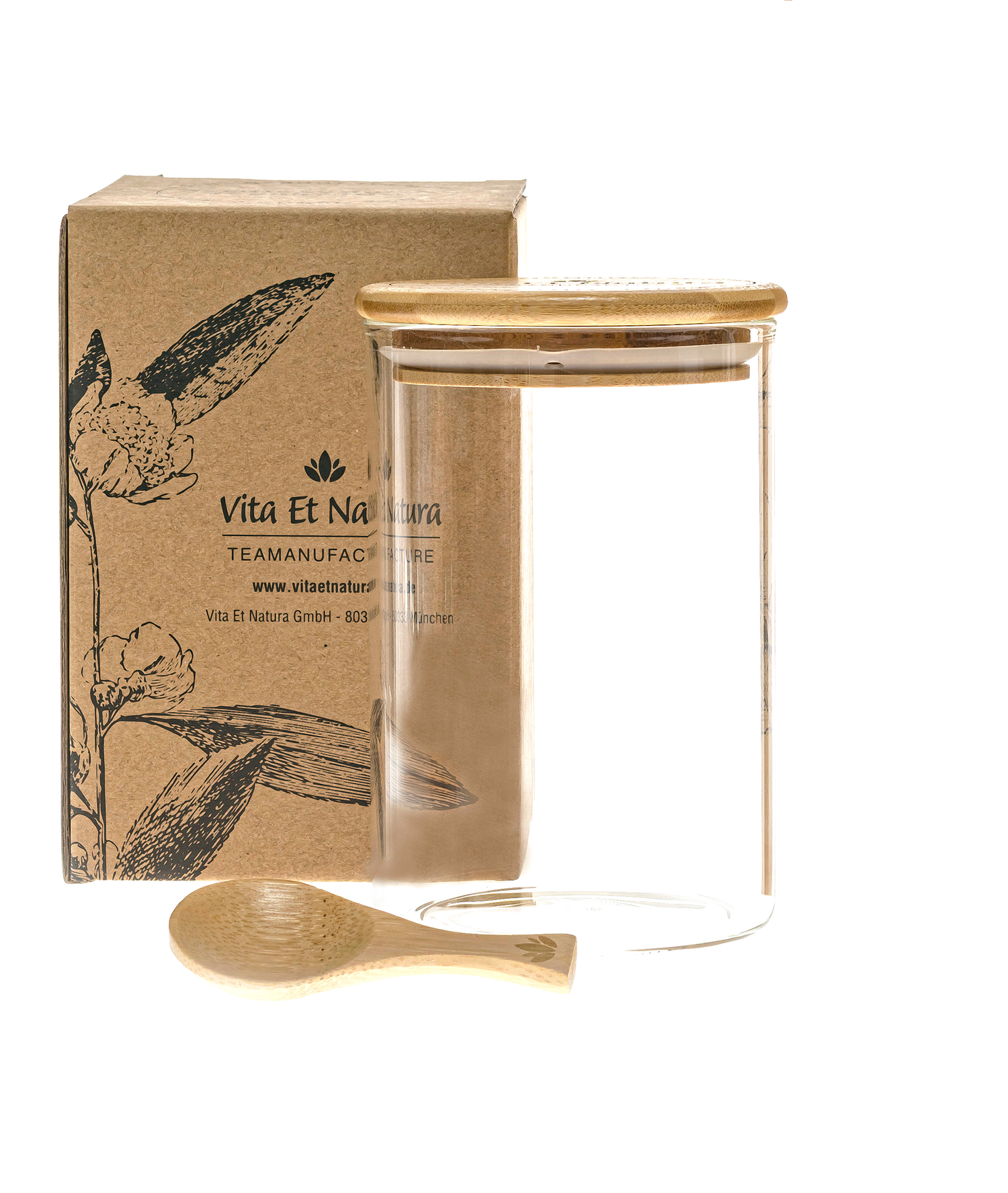 Ein robustes, luftdichtes Borosilikatglas mit elegantem Bambus Deckel zur Aufbewahrung von Tees und Lebensmitteln – inklusive passendem Dosierlöffel aus Bambus.