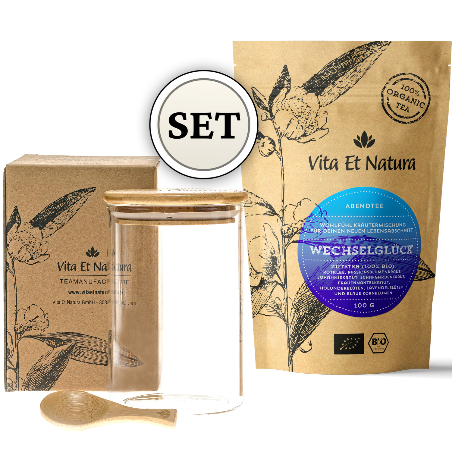 Der beliebte Wechseljahre-Tee für den Abend, hier im Set mit einem hochwertigen Vorratsglas und dazu passenden Dosierlöffeln aus Bambus – liebevoll für Dich gebündelt