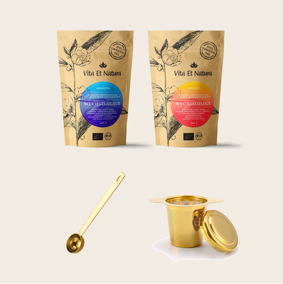Starter Set für die Wechseljahre mit zwei speziellen Teemischungen für die Menopause und Hitzewallungen, einem Edelstahl Teefilter und einem passenden edelstahl Dossierlöffel