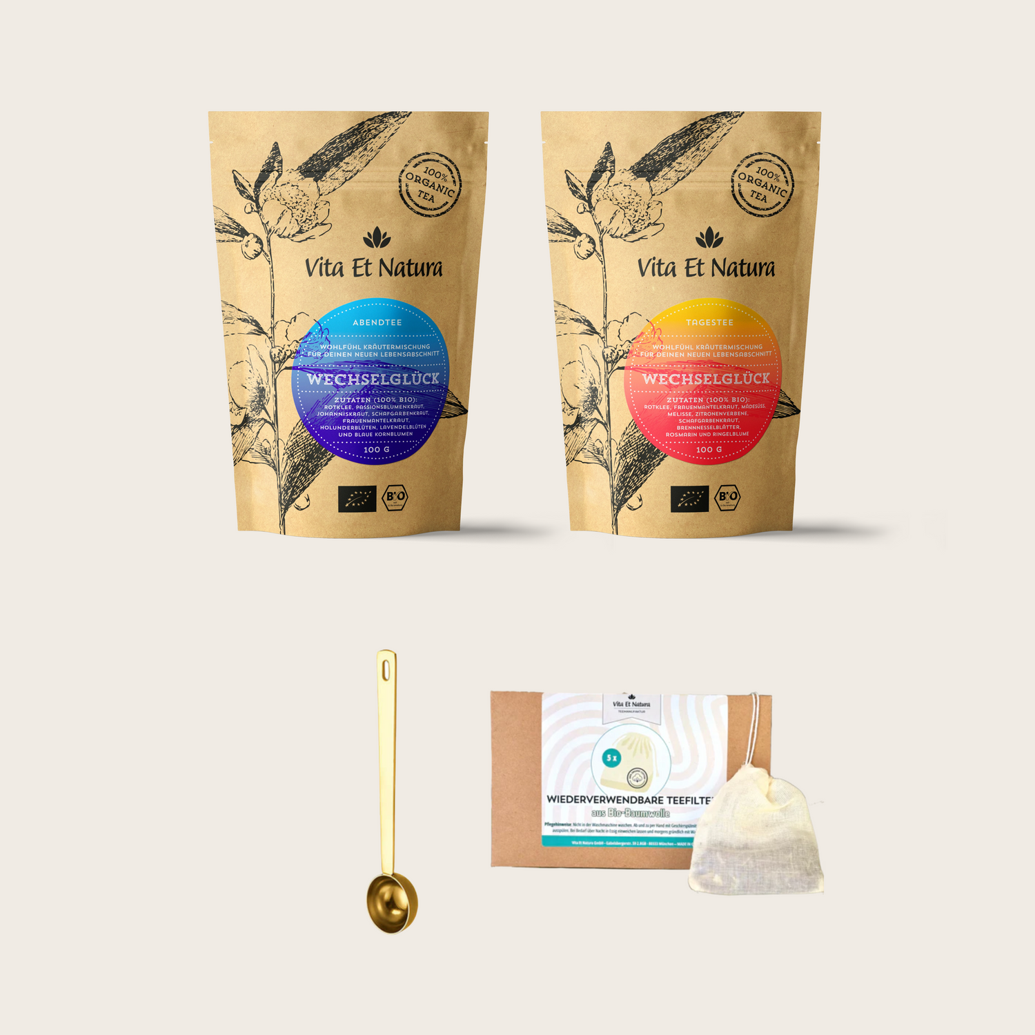 2 Wechseljahre Tees (Tages- und Abendtee) im Starter-Kit mit schicken Teefiltern und Messlöffel aus goldenem Edelstahl.