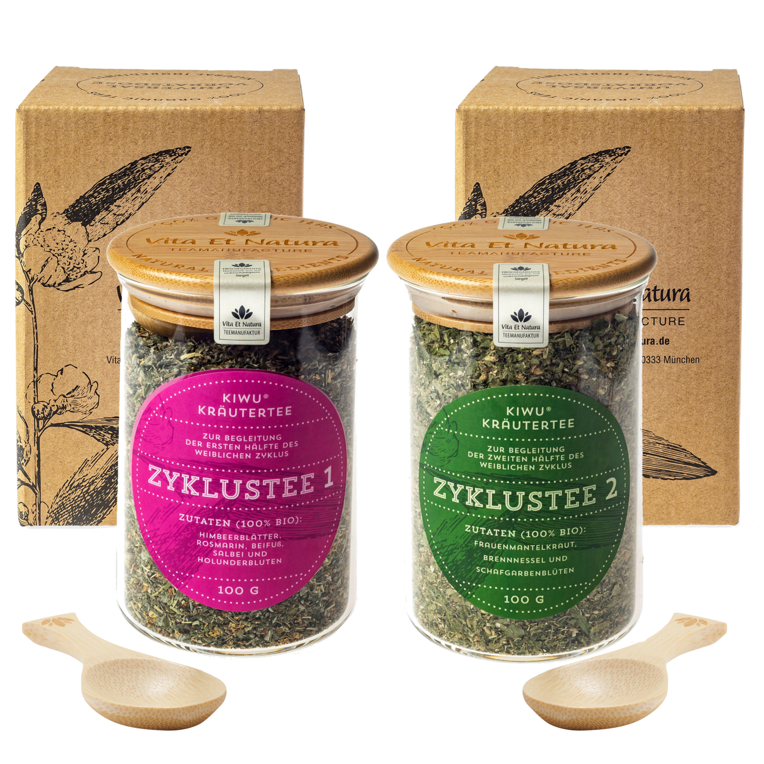 Zyklustee 1 & 2 im hochwertigen Glässer mit 2 Dosierlöffel, 100% BIO für dein weibliches Flow.