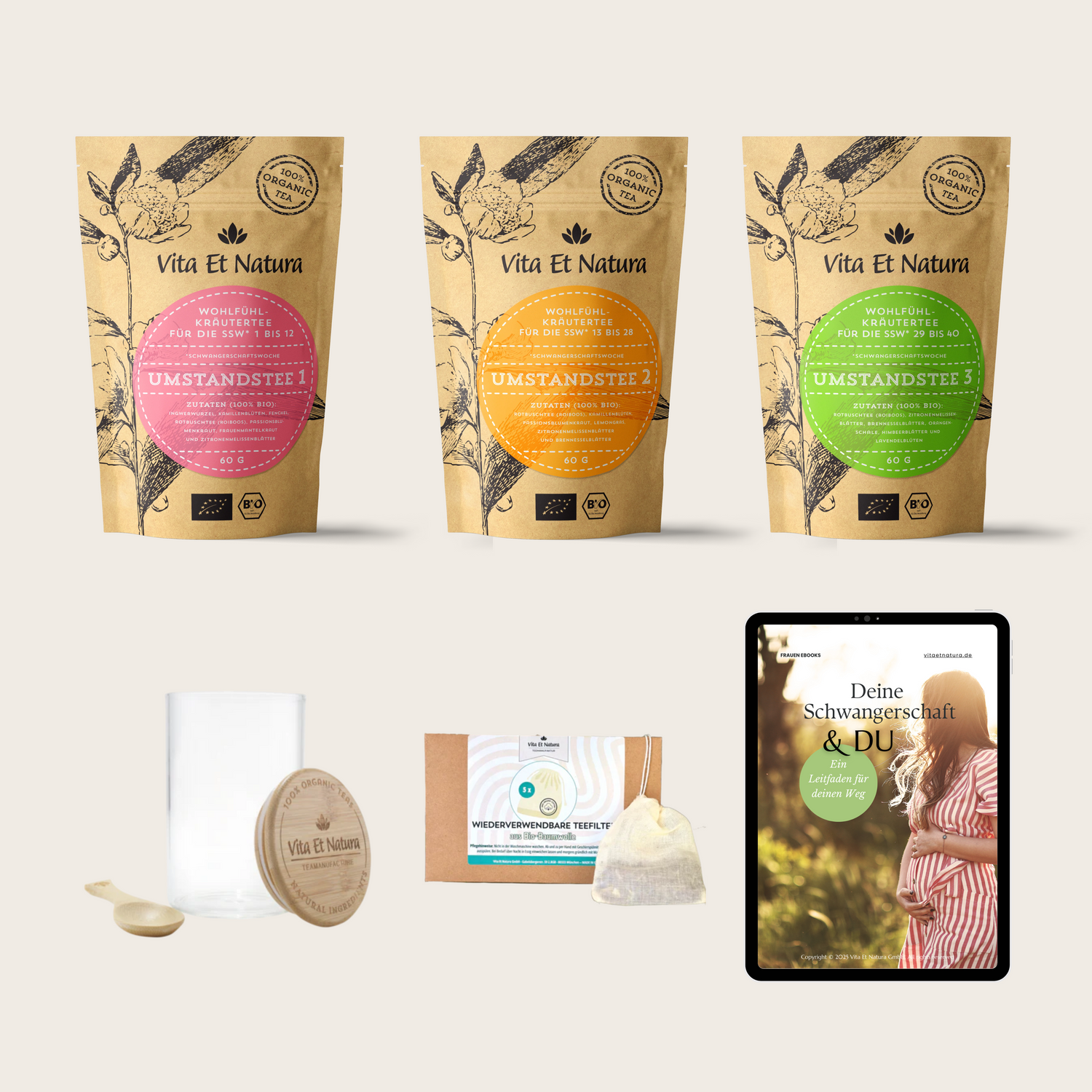 Set von Umstandstees für jedem Trimester deiner Schwangerschaft, einen schicken Teefilter und Masslöffel aus goldenem Edelstahl
