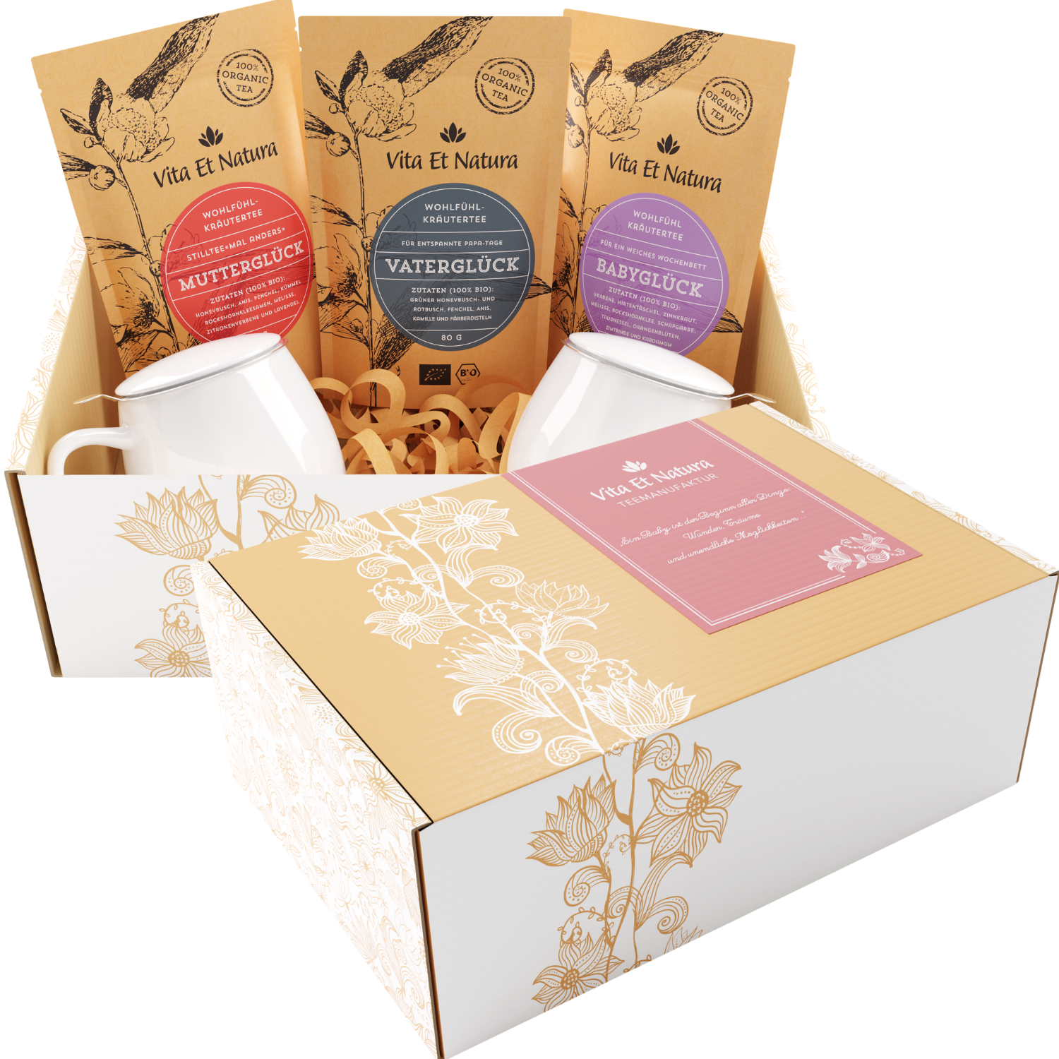 Geschenkbox für frisch gebackene Eltern mit Biotees fürs Wochenbett, Stillen und Vater-Tee, zwei Teetassen – perfekt als Geschenk zur Geburt.